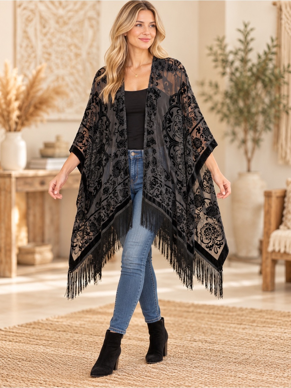 Mixit Black Sheer Velvet Burnout Fringe Kimono